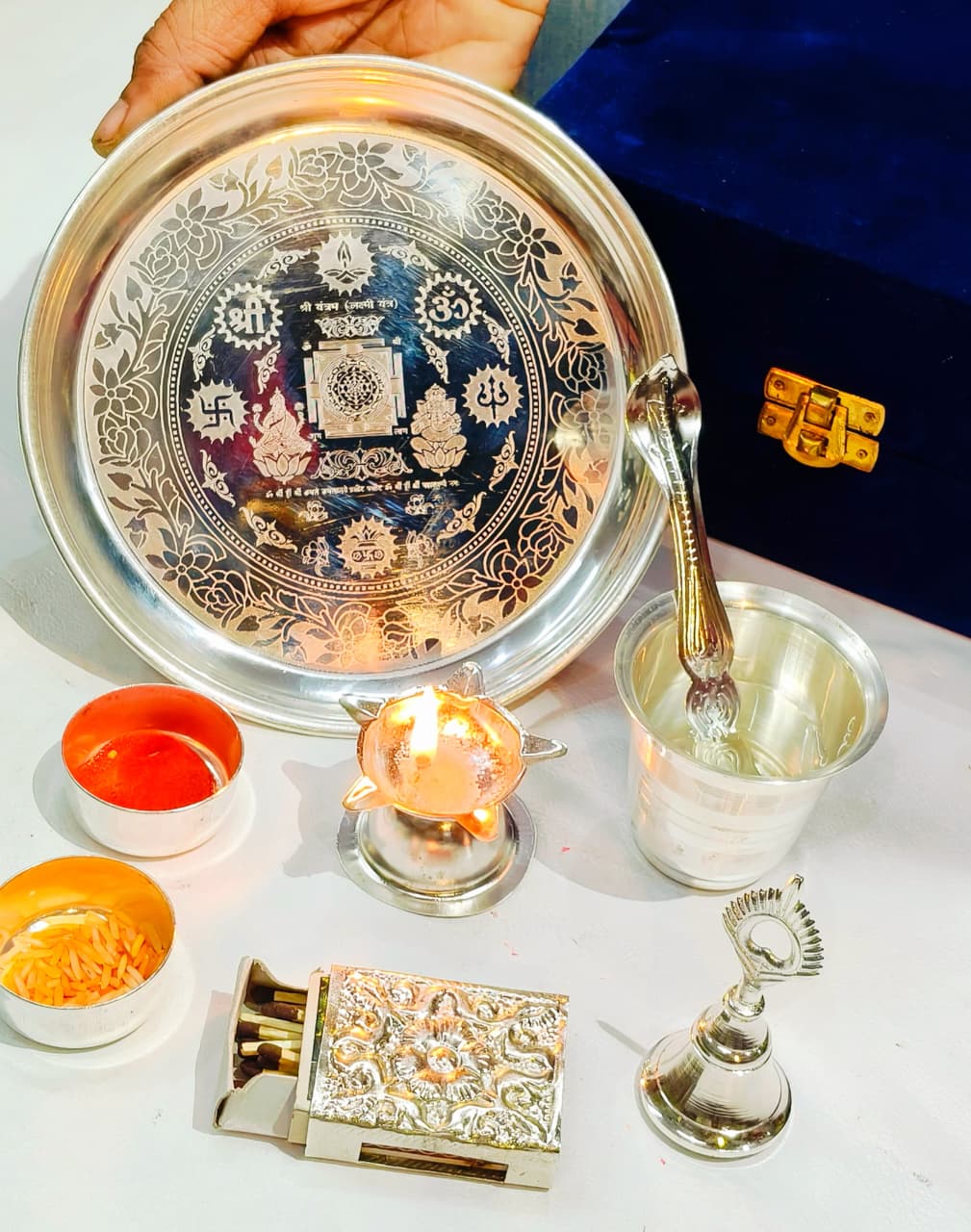 German silver small pooja thali set for housewarming/ diwali pooja